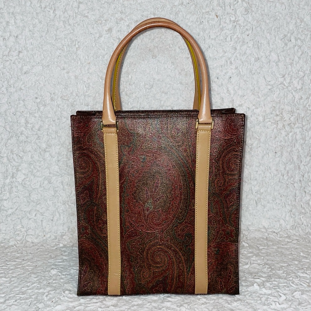 Etro Vintage Arnica Paisley Print Leather Zip Tote Shoulder Bag Purse